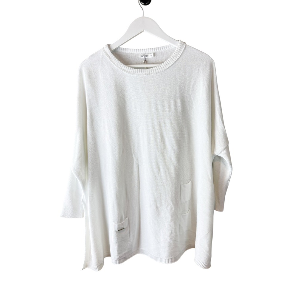 Mersea White Oversized‎ Knit Tunic Sweater Crew Neck 3/4 Sleeve Pockets OS NWT